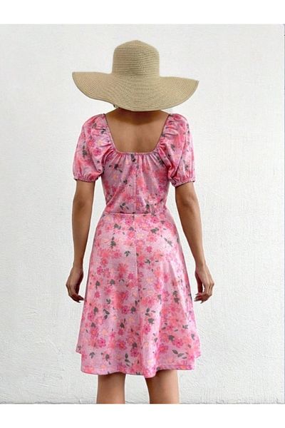 JANES Rochie de damă İni cu imprimeu floral - mânecă scurtă, detaliu din dantelă, băiat Üprem Idi