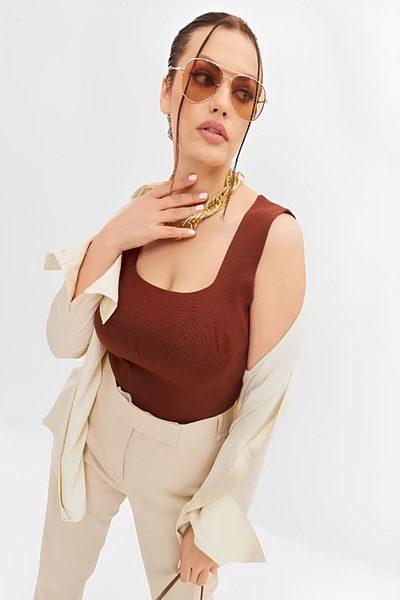Baluxe Women's Coffee Color Thick Strap Square Neck Knitwear Blouse
