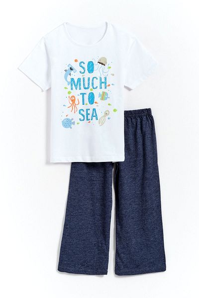 Kyron 100% Cotton So Much Printed 2-Piece Boy Set - White - Navy Blue