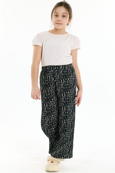 Kyron Elastic Waist Patterned Girls' Trousers - Black