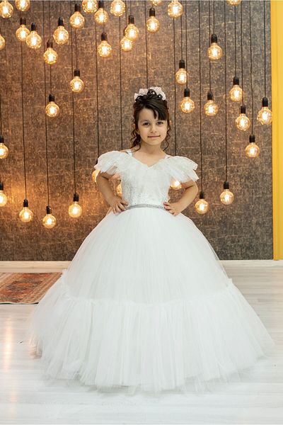 zde dikim evi White Tulle Children's Evening Dress Princess Dress Wedding and Birthday Outfit