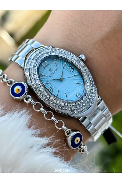 Reward Geometric Patterned Blue Mesh Wristwatch and Bracelet - Steel Cord with Vip Women's Accessories