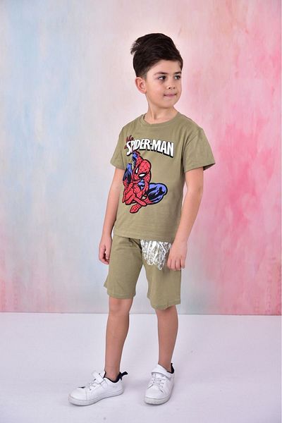 BUUFUU Summer short sleeve children's spider-man printed tshirt and shorts bottom top set
