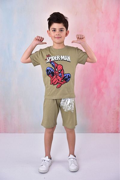 BUUFUU Summer short sleeve children's spider-man printed tshirt and shorts bottom top set