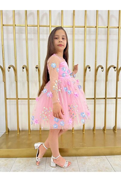 Sare Çocuk Giyim Kız Çocuk Elbise Prenses Pembe Çiçek Figürlü Tül Kabarık Kız Çocuk Abiye Elbise (1-8 YAŞ)