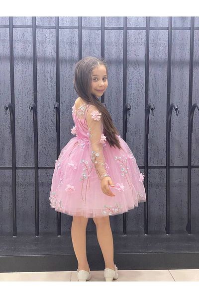 Sare Çocuk Giyim Girl's Dress Princess Pink Flower Figured Tulle Fluffy Girl's Evening Dress (1-8 YEARS)