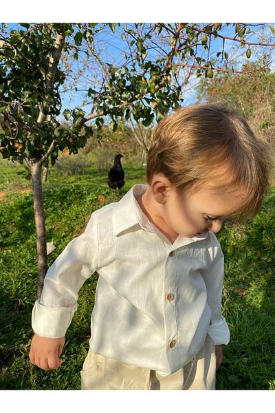 SAMSA White Boy's Shirt Easy to Iron Long Sleeve Linen 100% Cotton