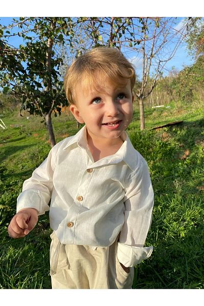 SAMSA White Boy's Shirt Easy to Iron Long Sleeve Linen 100% Cotton
