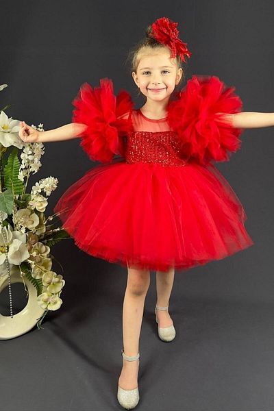 ABİYEKİDS Red Sequin Sleeve Detailed Style Children's Dress