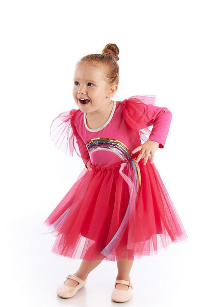 Colorinas Rochie tutu pentru fetiță, cu mâneci lungi, brodate cu paiete, curcubeu