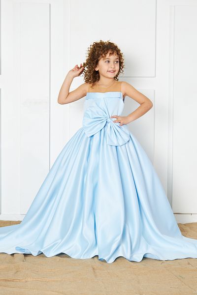 zühre balaban rochie de seara din satin copil feminin cu fundita albastra