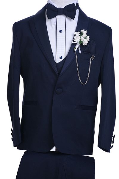 ceocuk Navy Blue High Collar Boy's Suit with Navy Blue Jacket and Double Breasted Vest