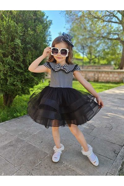 Sare Çocuk Giyim Princess Tulle Fluffy Black and White Girls' Evening Dress