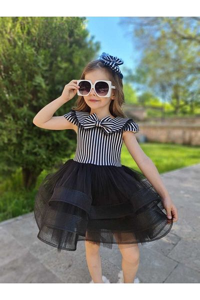 Sare Çocuk Giyim Princess Tulle Fluffy Black and White Girls' Evening Dress