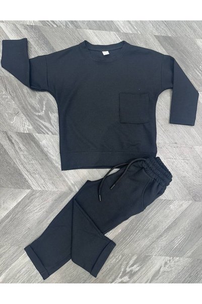 PAPİY KİDS طقم بيجامة رياضية للأطفال بتفاصيل جيوب للجنسين باللون الأسود