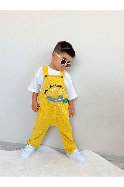 Pollito Crocodile Printed Yellow Children's Salopet - Adjustable Button