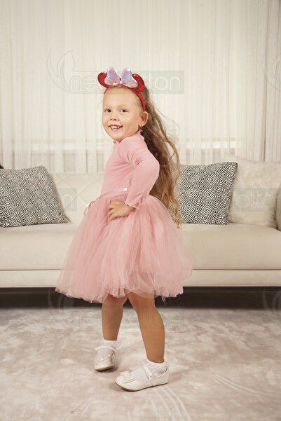 neocotton Tüllü Baskısız Düz Üst Kısım Ribana Alt Kısım Astarlı Tütü Etek Kız Çocuk Prenses Uzun Kollu Elbise