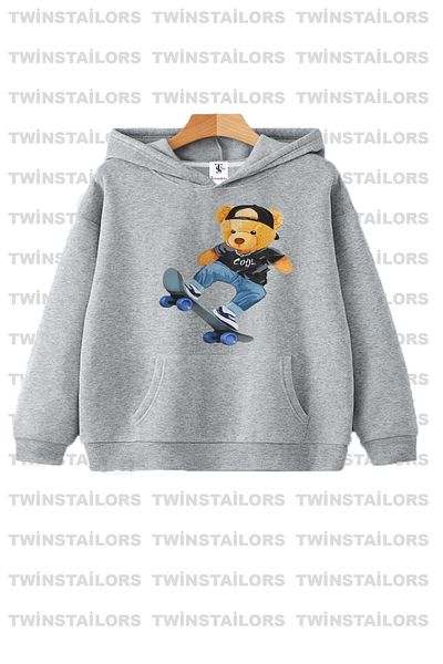 twins tailors Унисекс детски суитшърт с качулка и принт на мече, сиво-червен, двоен комплект