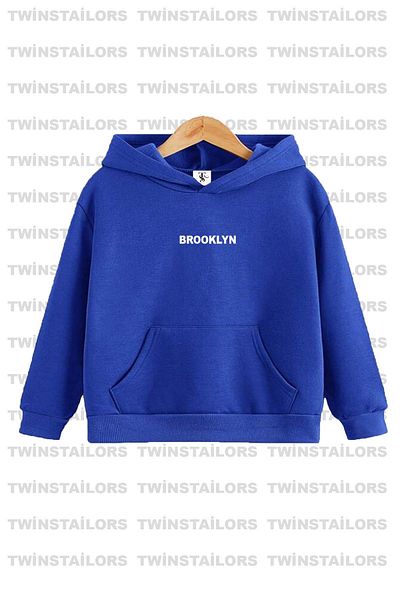 twins tailors Унисекс Brooklyn Printed Saxe Blue-сив Детски суичър с качулка Пакет с качулка