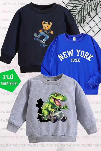 twins tailors Pachet de 3 hanorace unisex pentru copii - imprimeu cu urs din desene animate, decolteu, Saks albastru-marin-gri