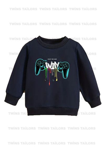 twins tailors Hanorac unisex pentru copii bleumarin-gri-negru - fleece, decolteu, imprimeu pentru consola de jocuri