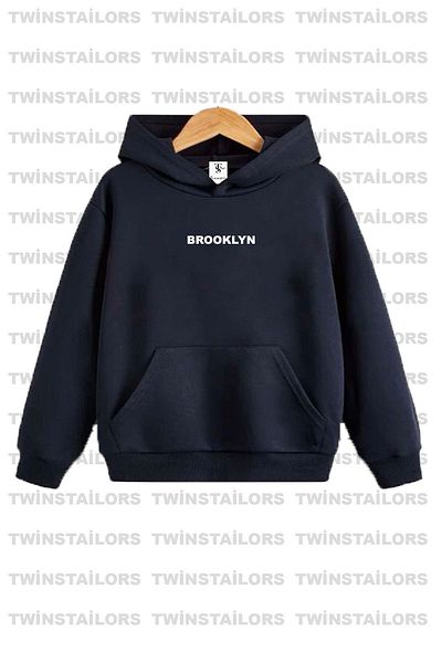 twins tailors Комплект унисекс детски суитчъри с качулка и принт Brooklyn в тъмносиньо-сив цвят