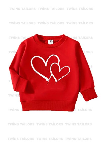 twins tailors İçi polarlı Kalp Baskılı Kırmızı-Gri-Siyah Üçlü Bisiklet Yaka Kız Çocuk Sweatshirt