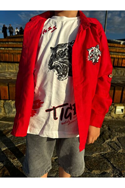 Pollito Erkek Çocuk Mevsimlik Pamuklu Tiger Nakışlı Gömlek Tişört 2'li Takım