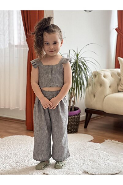 meqlife 1-8 Years Black Linen Crop Trousers Set