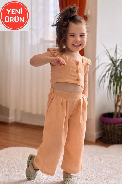 meqlife Keten Krop Pantolon Takım 1-8 Yaş Hardal