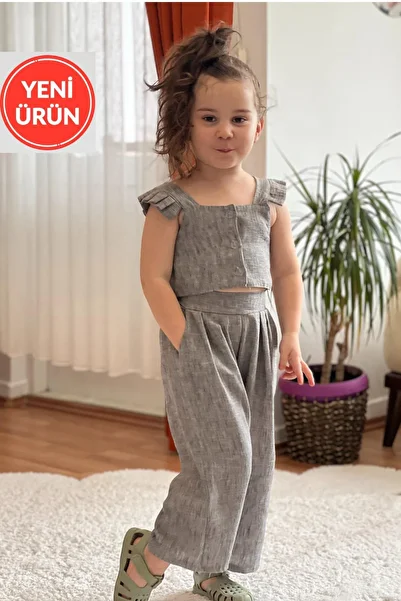 meqlife 1-8 Years Black Linen Crop Trousers Set