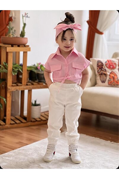 meqlife Bağlamalı Kız Çocuk Gömlek Krop Bandana Hediye Pembe