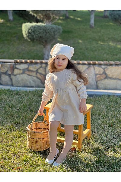 meqlife Organik Müslin Nakış İşlemeli Bohem Elbise Papatya 1-10 Yaş Bej
