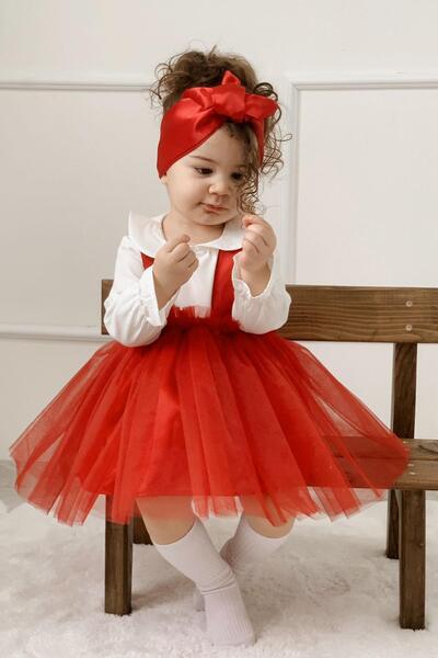 meqlife Kız Çocuk Parti Elbisesi Doğum Günü Kıyafeti 3 lü Konbin Saç Bandı ve Gömlek Hediye - Kırmızı