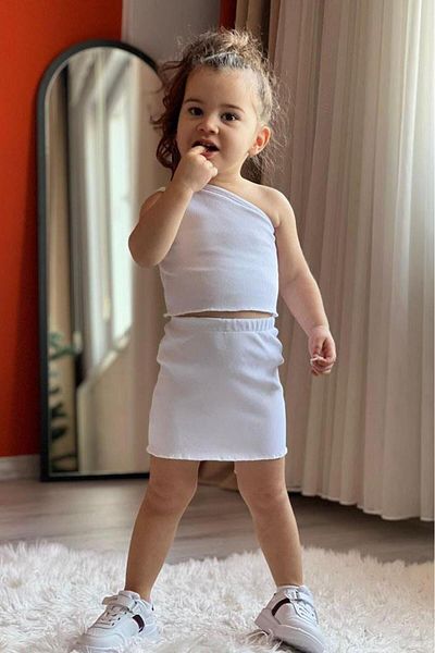 meqlife Gathered Side Strap Girl's Set - Ecru