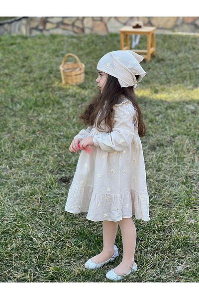 meqlife 2024 Organic Muslin Embroidered Bohemian Dress Daisy 1-10 Years Cream
