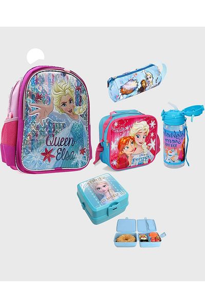 Frozen Elsa licensed 5-piece School Set - First School Bag, Lunch Box, Pencil Case, Water Bottle and Container