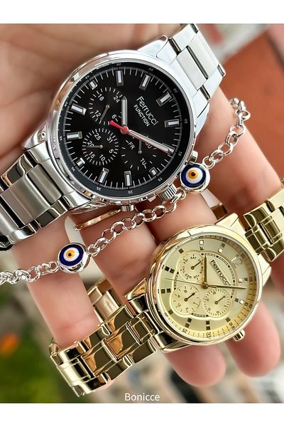 Ferrucci Steel Cord Black/Yellow Color Lover Couple Wristwatches Rosary Bracelet