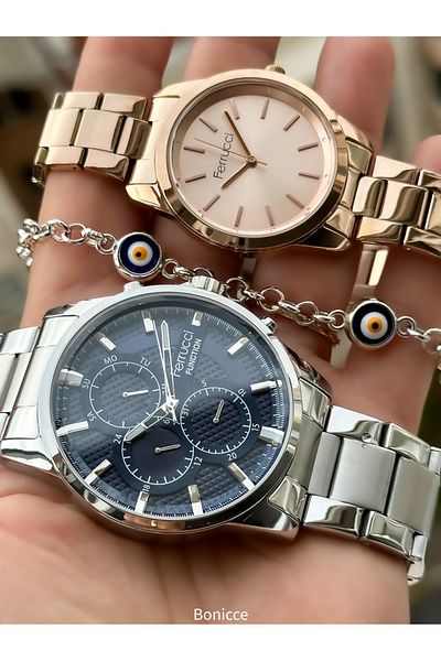 Ferrucci Lover, Couple, Steel Cord Rose Color Wristwatches Rosary Bracelet