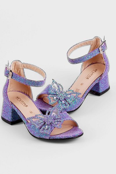 NS Little Pantofi de seara cu sclipici fluture pentru fete, pantofi cu toc pentru fete