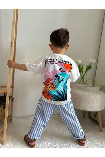 wiizy kids Boy's Linen Suit - Printed and Striped Detail