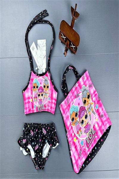ModaCity New Season Cartoon Character Patterned Girl's Bikini Set with Frill Bag Accessories (3 Pieces)