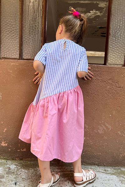 Masnu Çocuk Blue Striped Pink - Girl's Midi Summer Dress