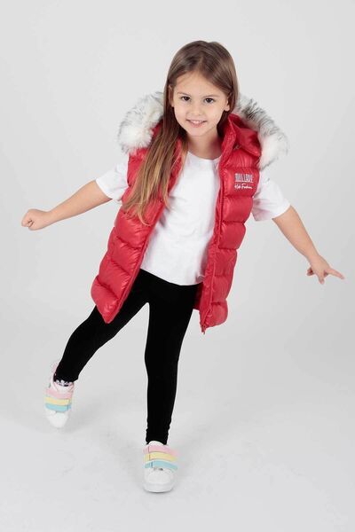 AHENGİM Kids Kız Çocuk Kapüşonlu Trend Kürklü Şişme Yelek Ak215657