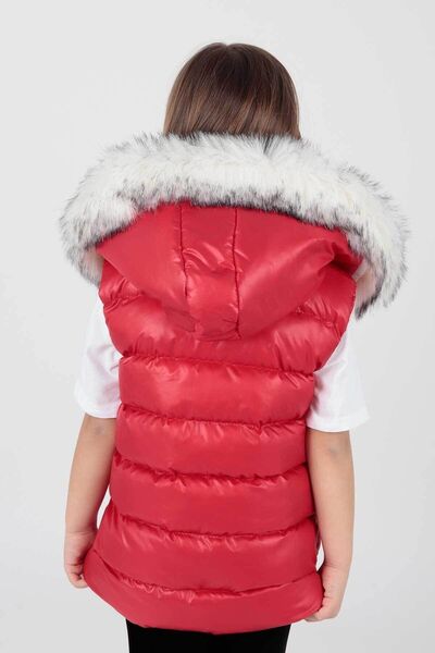 AHENGİM Kids Kız Çocuk Kapüşonlu Trend Kürklü Şişme Yelek Ak215657