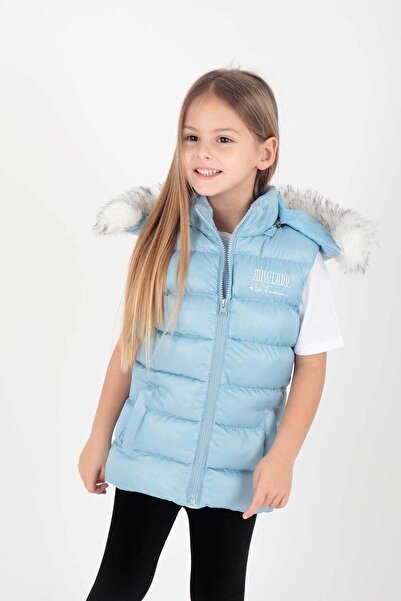 AHENGİM Vestă pufă cu glugă din blană Trend pentru fete - Ak 215657