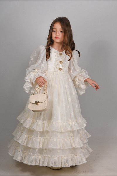 MIALORA EXCLUSİVE By Emel Ebru Özdemir Ecru, Special Design Girl's Evening Dress, Long Girl's Dress with Bag Accessory and Sleeve Detail