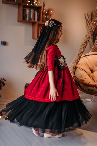 MIALORA EXCLUSIVE Özel Tasarım Kız Çocuk Elbise, Kırmızı-siyah, Duvaklı Pamuk Brode Ve Tül Detaylı Uzun Şık Elbise