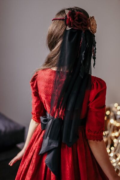 MIALORA EXCLUSIVE Özel Tasarım Kız Çocuk Elbise, Kırmızı-siyah, Duvaklı Pamuk Brode Ve Tül Detaylı Uzun Şık Elbise