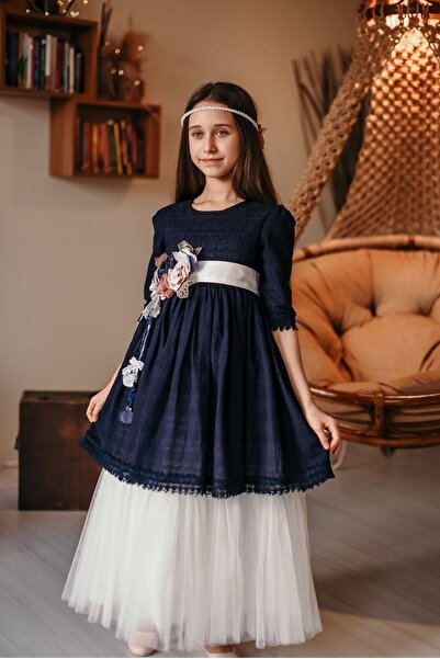 MIALORA EXCLUSIVE Özel Tasarım Kız Çocuk Elbise, Lacivert-beyaz, Duvaklı Pamuk Brode Ve Tül Detaylı Uzun Şık Elbise